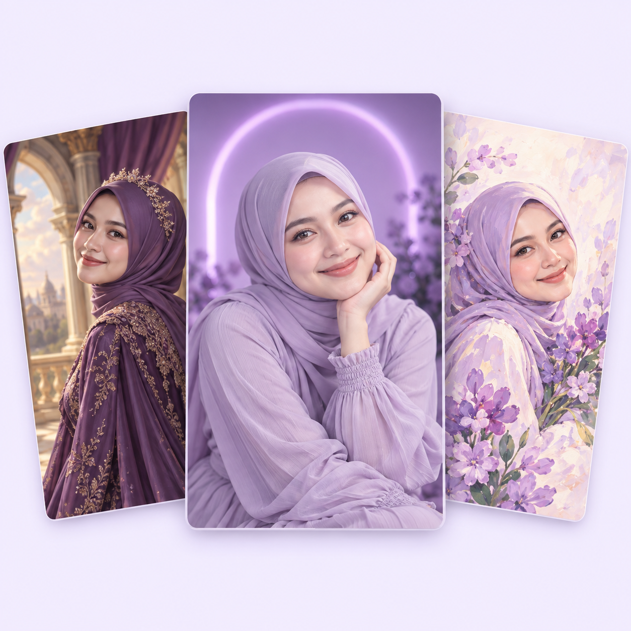 Ilustrasi kreatif seorang perempuan dewasa dalam gaya studio ungu, kerajaan, dan lukisan bunga.